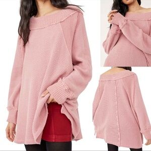 Free People She's A Keeper Longline Tunic Mock Neck Sweater Top Pink.